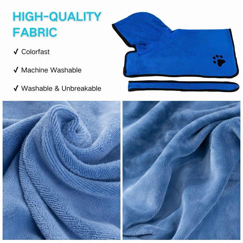 Dog Drying Robe/Coat – 400GSM Microfibre, Super-Absorbent Quick-Dry, Adjustable Velcro, Machine-Washable