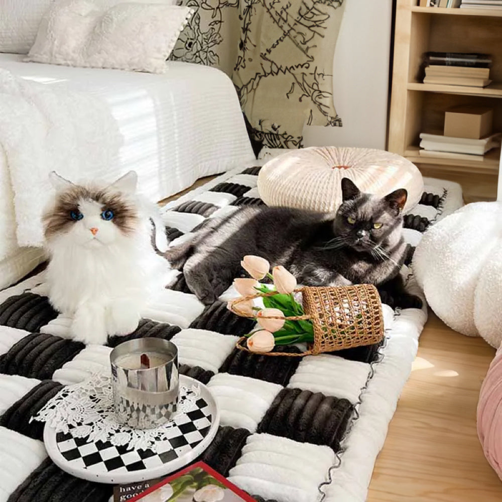 Dog Blanket for Couch – Cream Plaid Fuzzy Chenille Sofa Protector & Washable Pet Mat