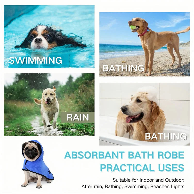 Dog Drying Robe/Coat – 400GSM Microfibre, Super-Absorbent Quick-Dry, Adjustable Velcro, Machine-Washable