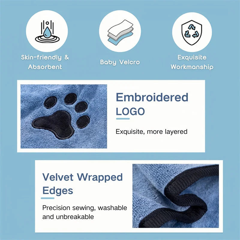 Dog Drying Robe/Coat – 400GSM Microfibre, Super-Absorbent Quick-Dry, Adjustable Velcro, Machine-Washable