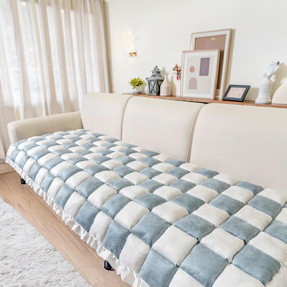 Dog Blanket for Couch – Cream Plaid Fuzzy Chenille Sofa Protector & Washable Pet Mat