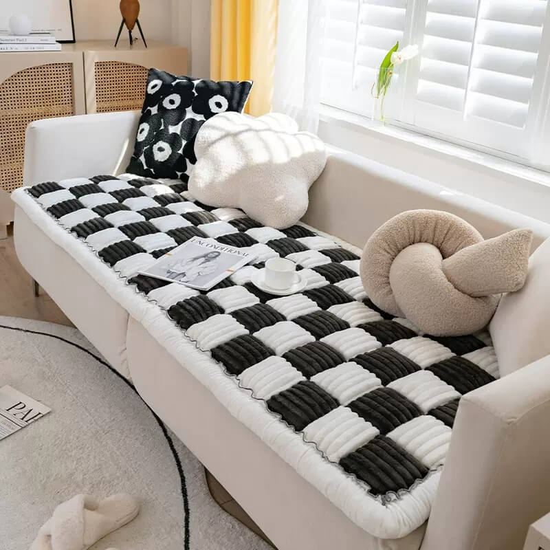 Dog Blanket for Couch – Cream Plaid Fuzzy Chenille Sofa Protector & Washable Pet Mat