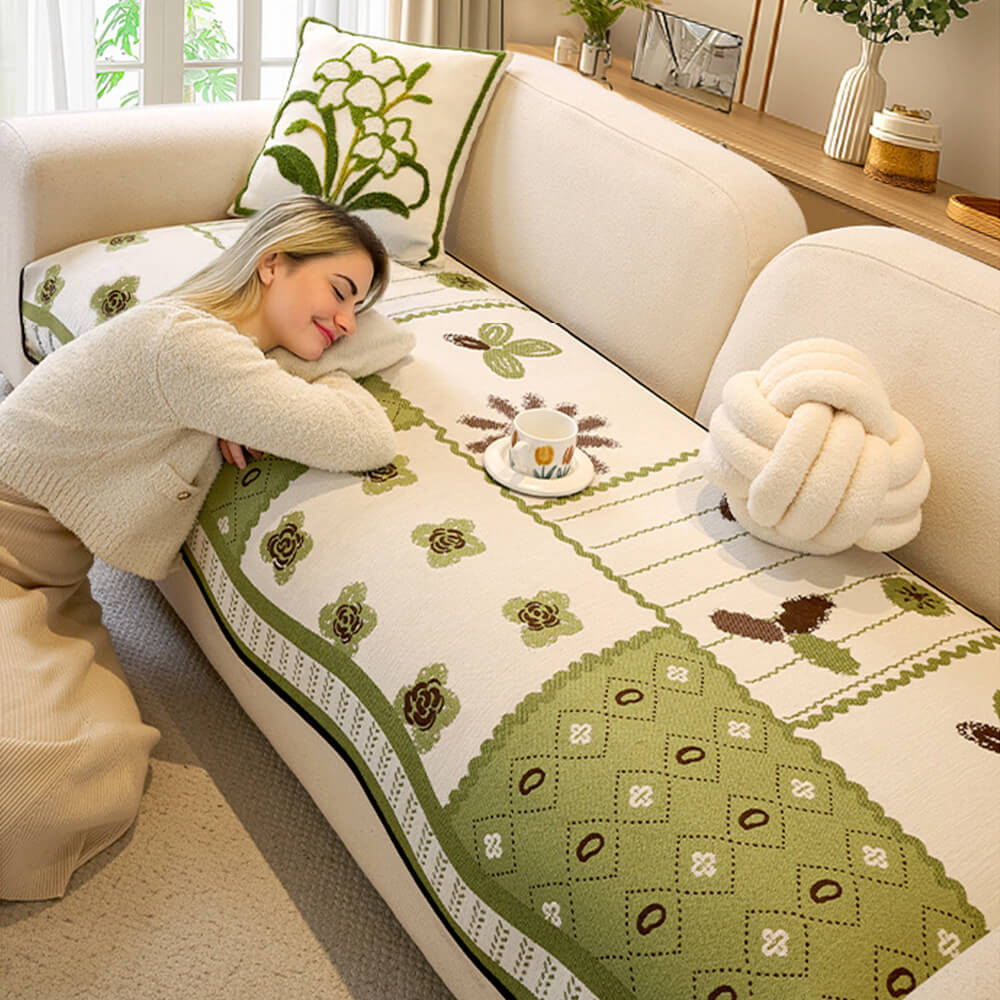 Scratch Resistant Couch Cover – Chenille Washable Non-Slip Sofa Protector, Pastoral Style Design