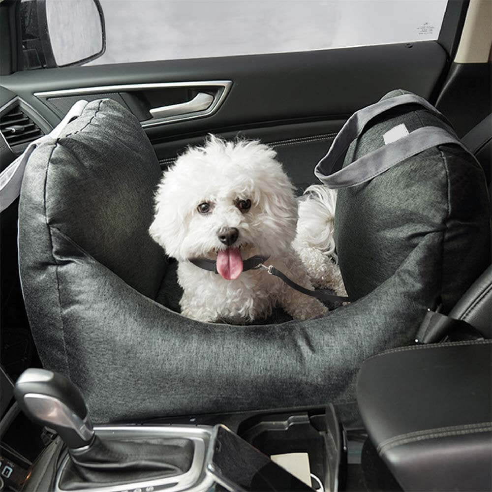 Dog Car Seat Bed – First Class Booster with Safety Belt, Washable Cushion & Travel Carrier