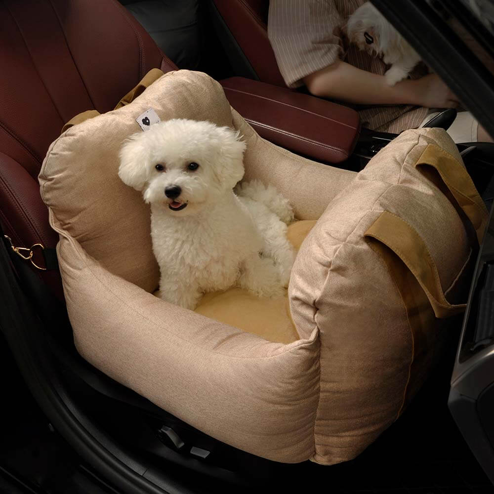 Dog Car Seat Bed – First Class Booster with Safety Belt, Washable Cushion & Travel Carrier