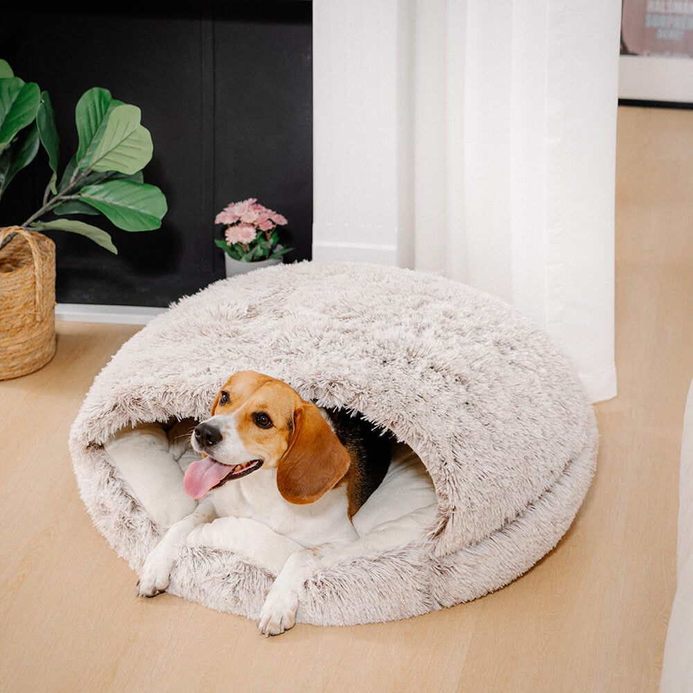 Calming Plush Semi-Enclosed Dog Bed – Cozy Pita Nest for Small & Medium Pets