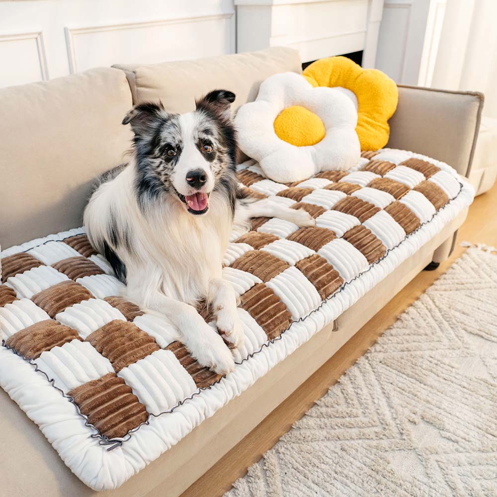 Dog Blanket for Couch – Cream Plaid Fuzzy Chenille Sofa Protector & Washable Pet Mat