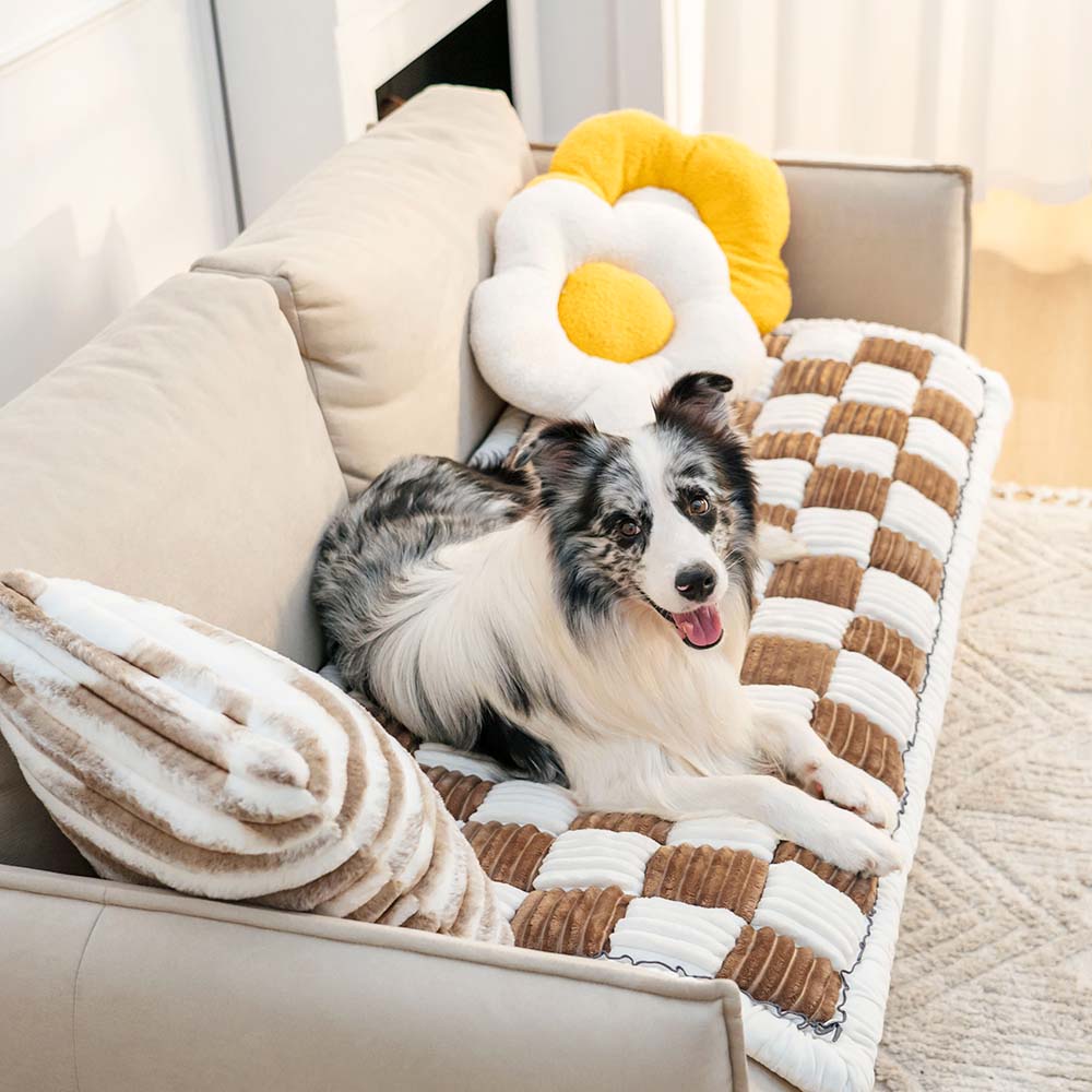 Dog Blanket for Couch – Cream Plaid Fuzzy Chenille Sofa Protector & Washable Pet Mat
