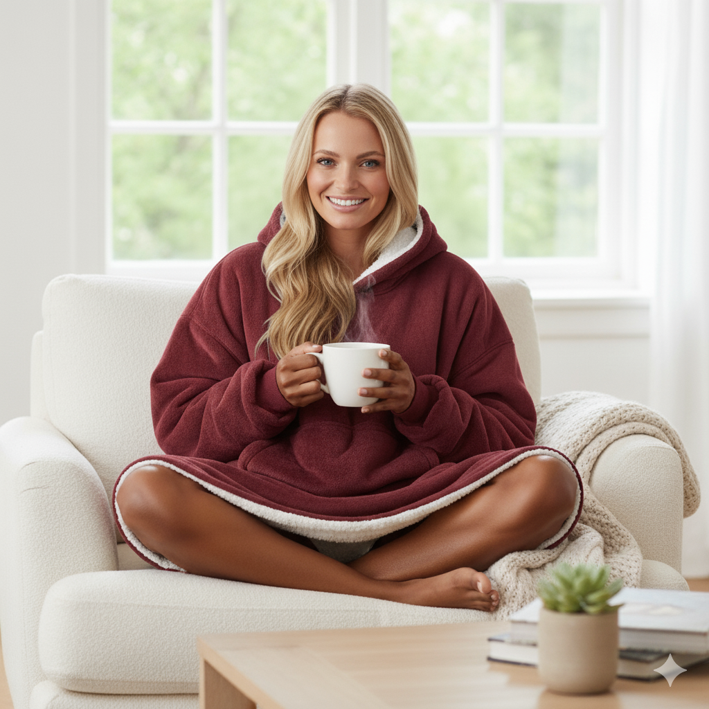 Oversized Hoodie Blanket – Wine | Sherpa Lined, Double-Layer, One Size, Machine Washable, Large Pocket