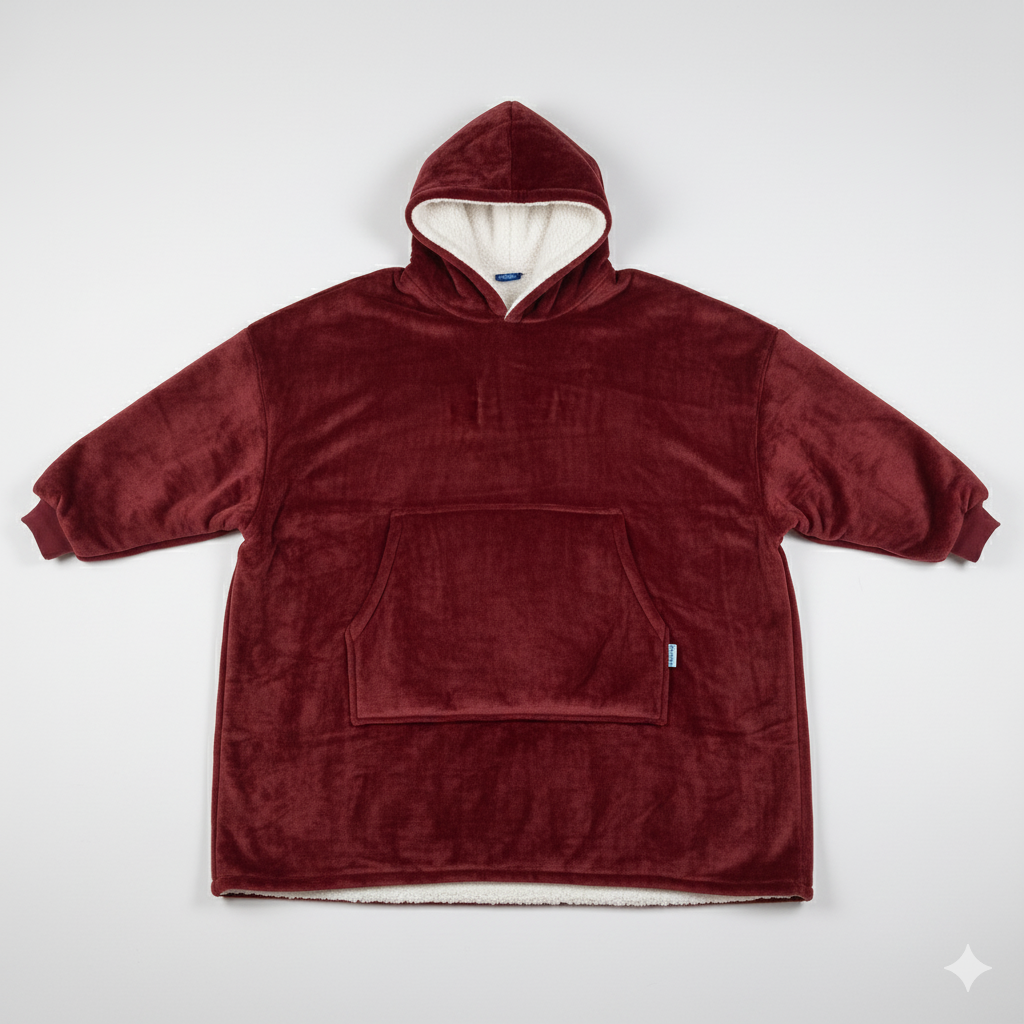 Oversized Hoodie Blanket – Wine | Sherpa Lined, Double-Layer, One Size, Machine Washable, Large Pocket