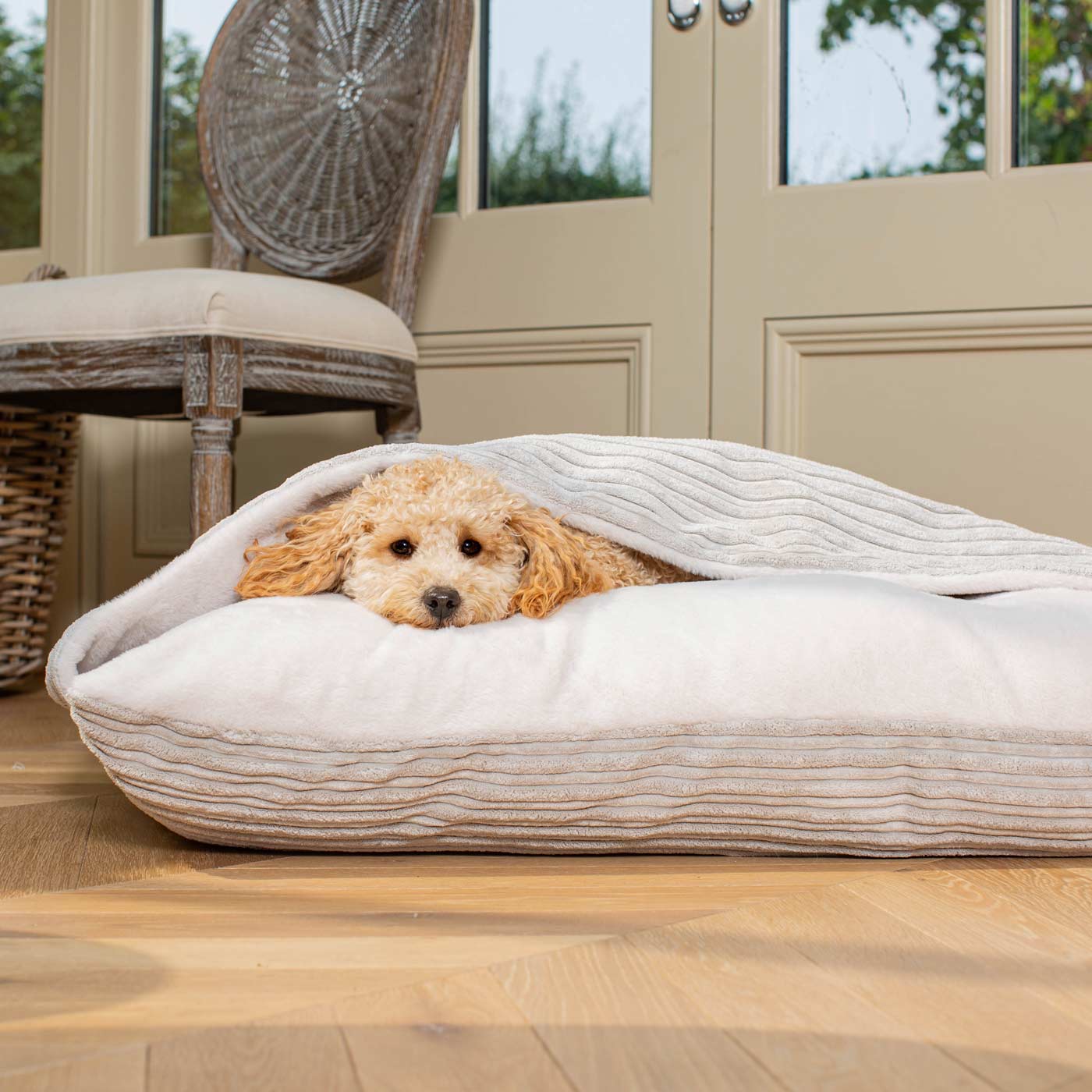 Burrow Dog Bed – Light Grey Plush Sleepy Bed with Hooded Cover & Washable Cushion by Lords & Labradors