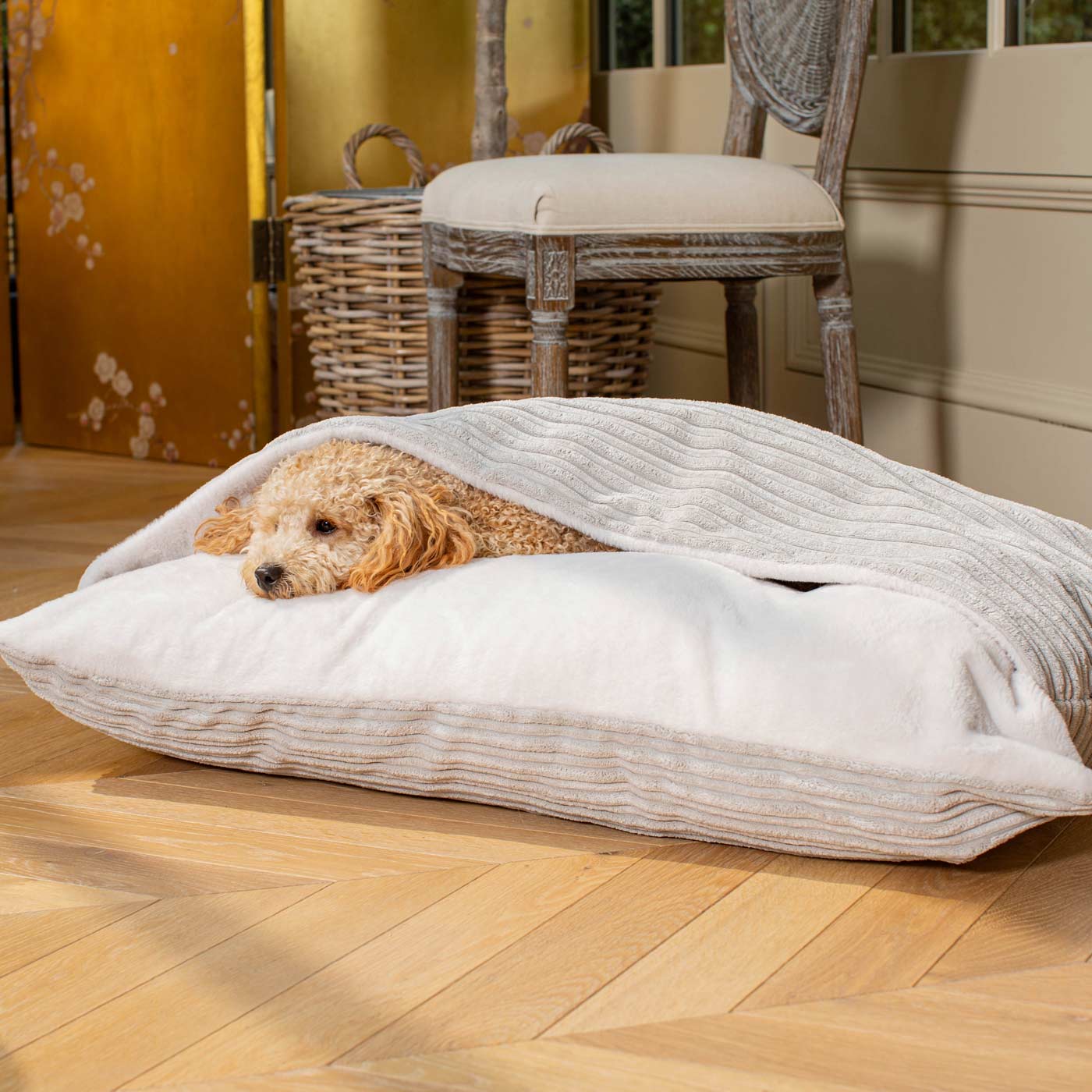 Burrow Dog Bed – Light Grey Plush Sleepy Bed with Hooded Cover & Washable Cushion by Lords & Labradors