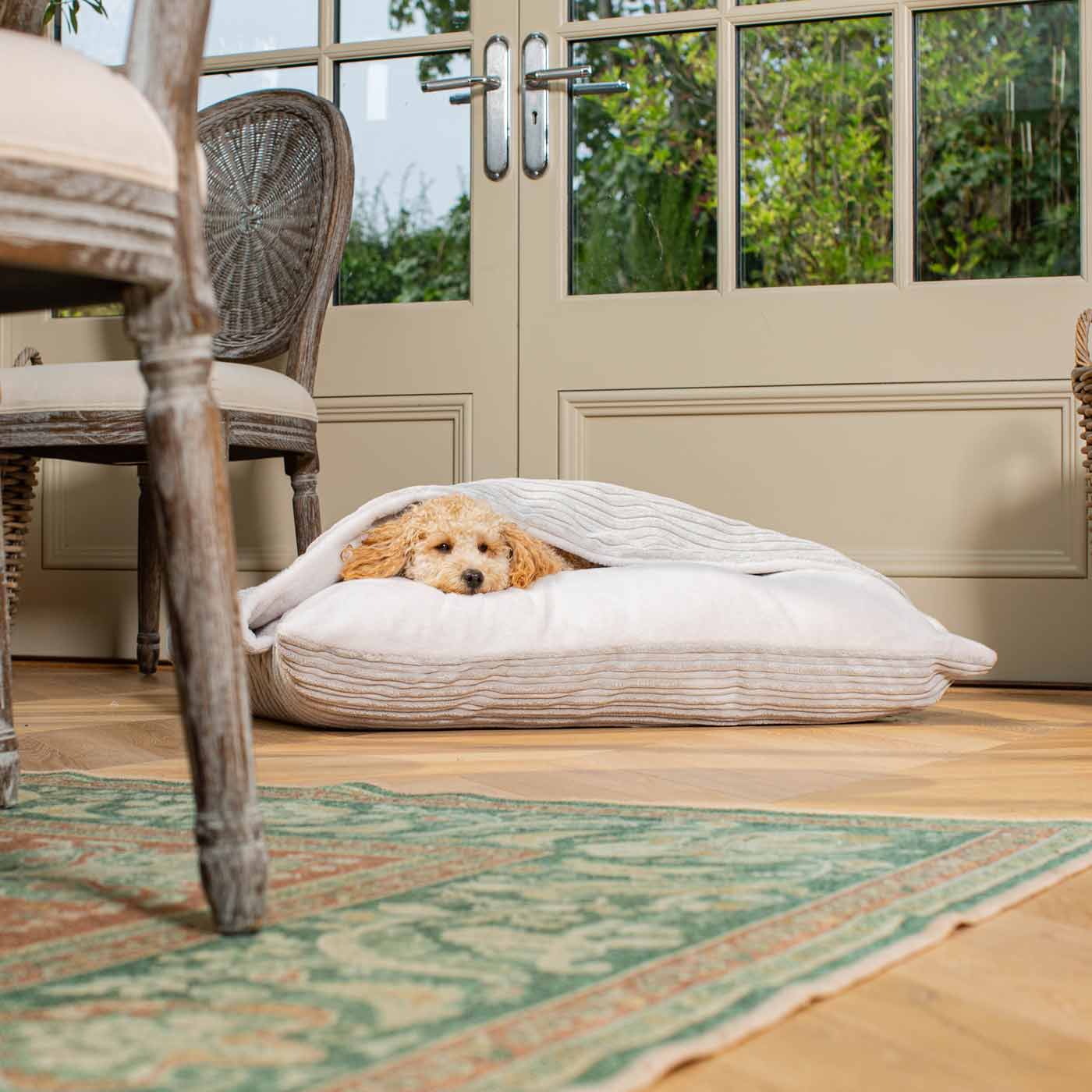 Burrow Dog Bed – Light Grey Plush Sleepy Bed with Hooded Cover & Washable Cushion by Lords & Labradors
