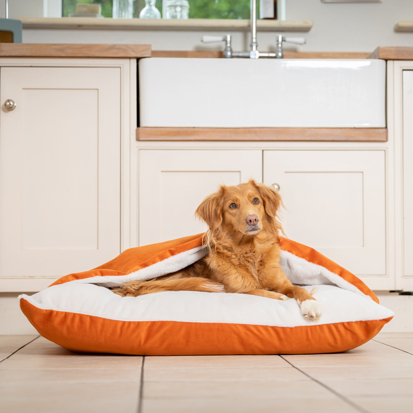 Burrow Dog Bed – Sleepy Pumpkin Velvet Hooded Luxury Sofa with Removable Washable Cover