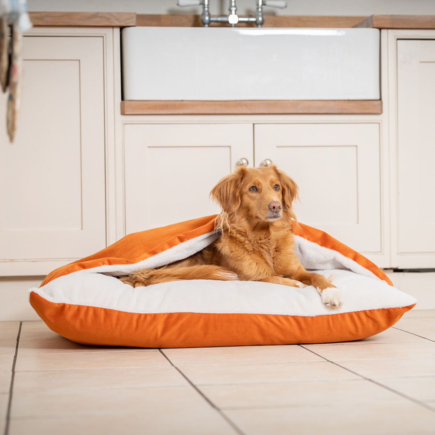 Burrow Dog Bed – Sleepy Pumpkin Velvet Hooded Luxury Sofa with Removable Washable Cover