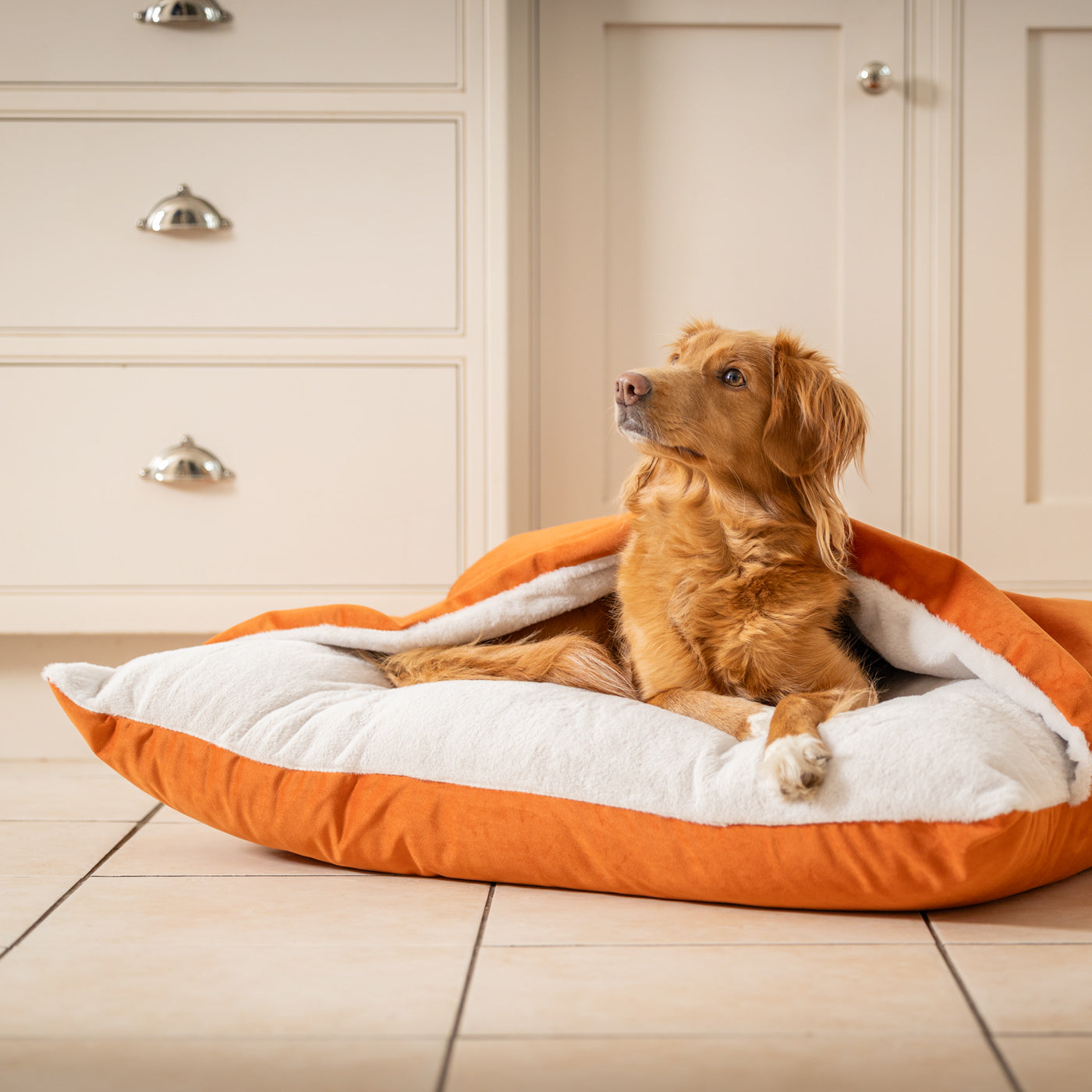 Burrow Dog Bed – Sleepy Pumpkin Velvet Hooded Luxury Sofa with Removable Washable Cover