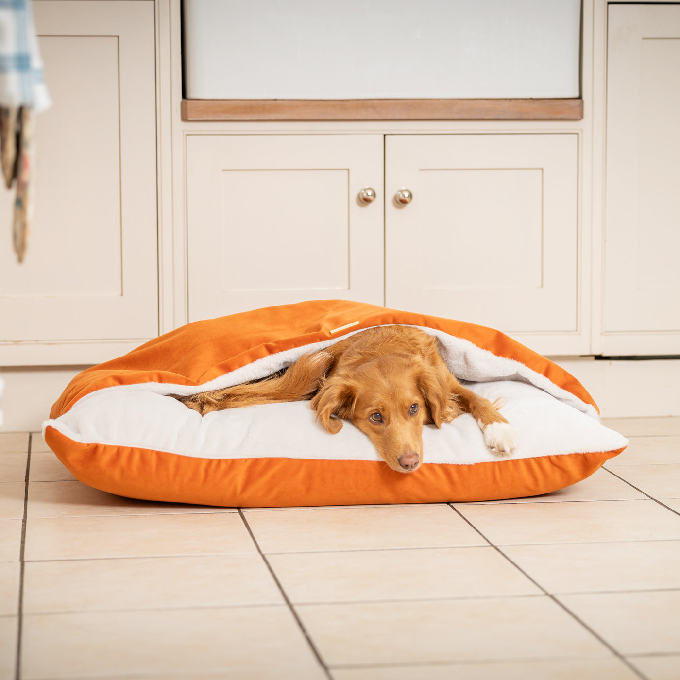 Burrow Dog Bed – Sleepy Pumpkin Velvet Hooded Luxury Sofa with Removable Washable Cover