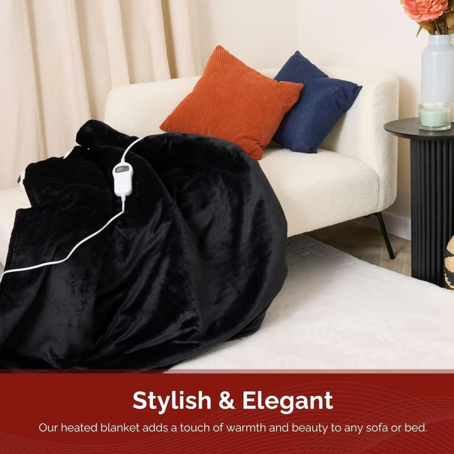 Rediffusion Cosy Snug Black Luxury Heated Throw – 10 Heat Settings, Timer, Fast Heat-Up, Washable Fleece