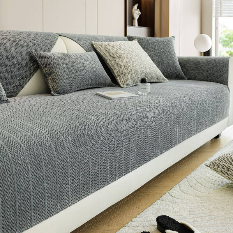 Chenille Sofa Cover – Scratch-Resistant Solid Color Herringbone Washable Pet Couch Protector