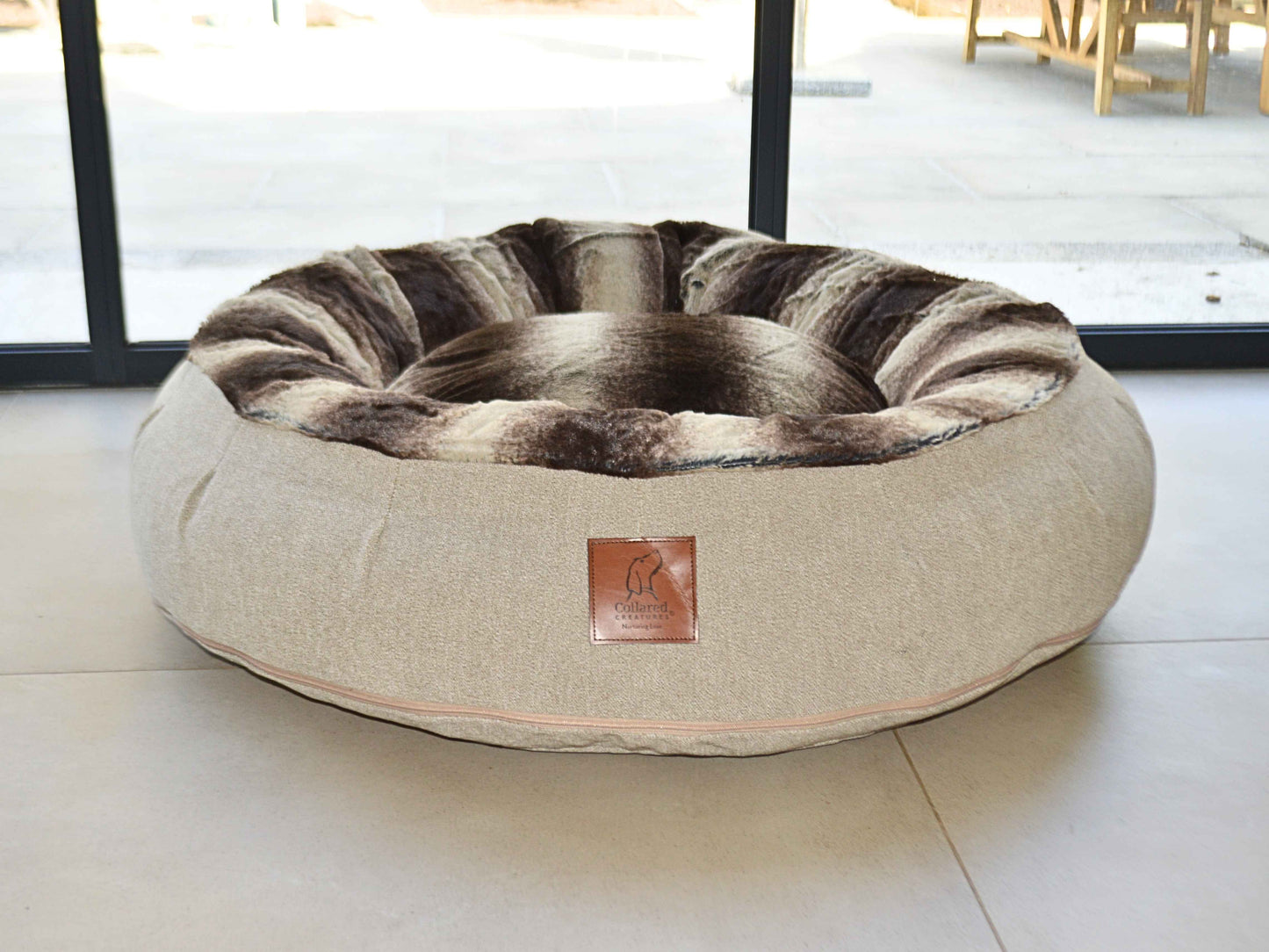 Donut Dog Bed – Brown Luxury Calming Plush Sofa Nest with Washable Removable Cover