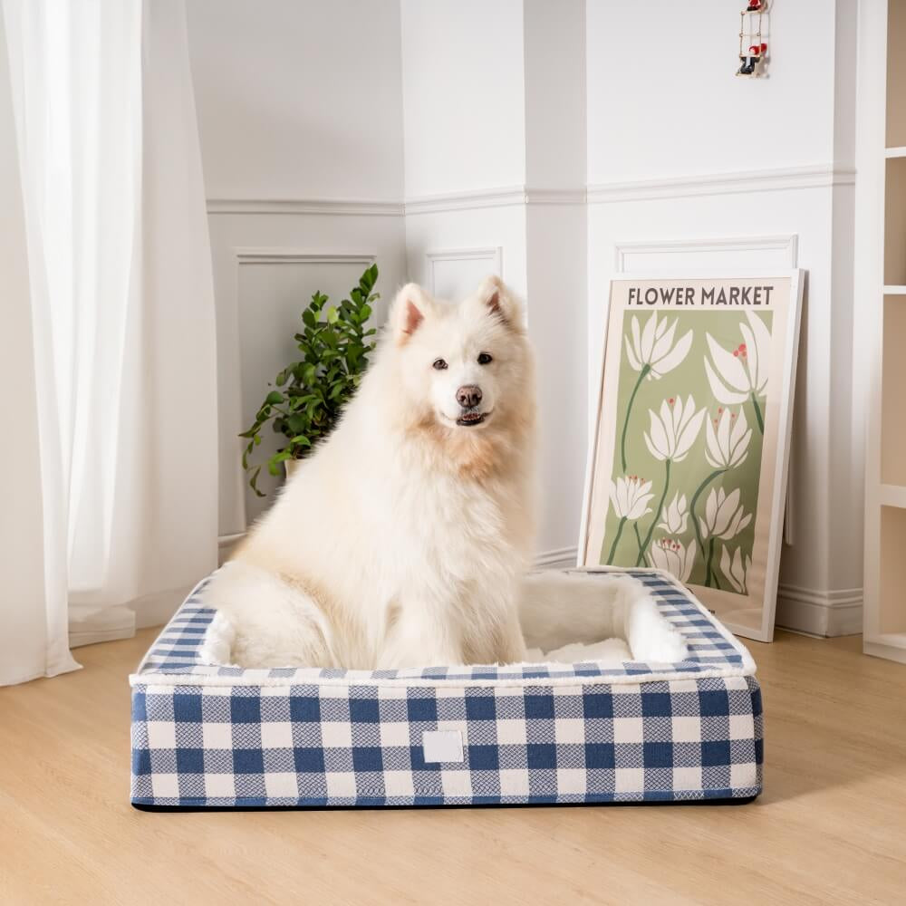 Calming Dog Bed – Festive Tartan Cozy Anti-Anxiety Washable Plush Nest with Foam Support