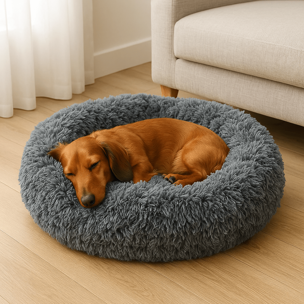 Calming Dog Bed – Anti - Anxiety Donut with Raised Rim, Self - Warming Faux Shag Fur - mafooouk