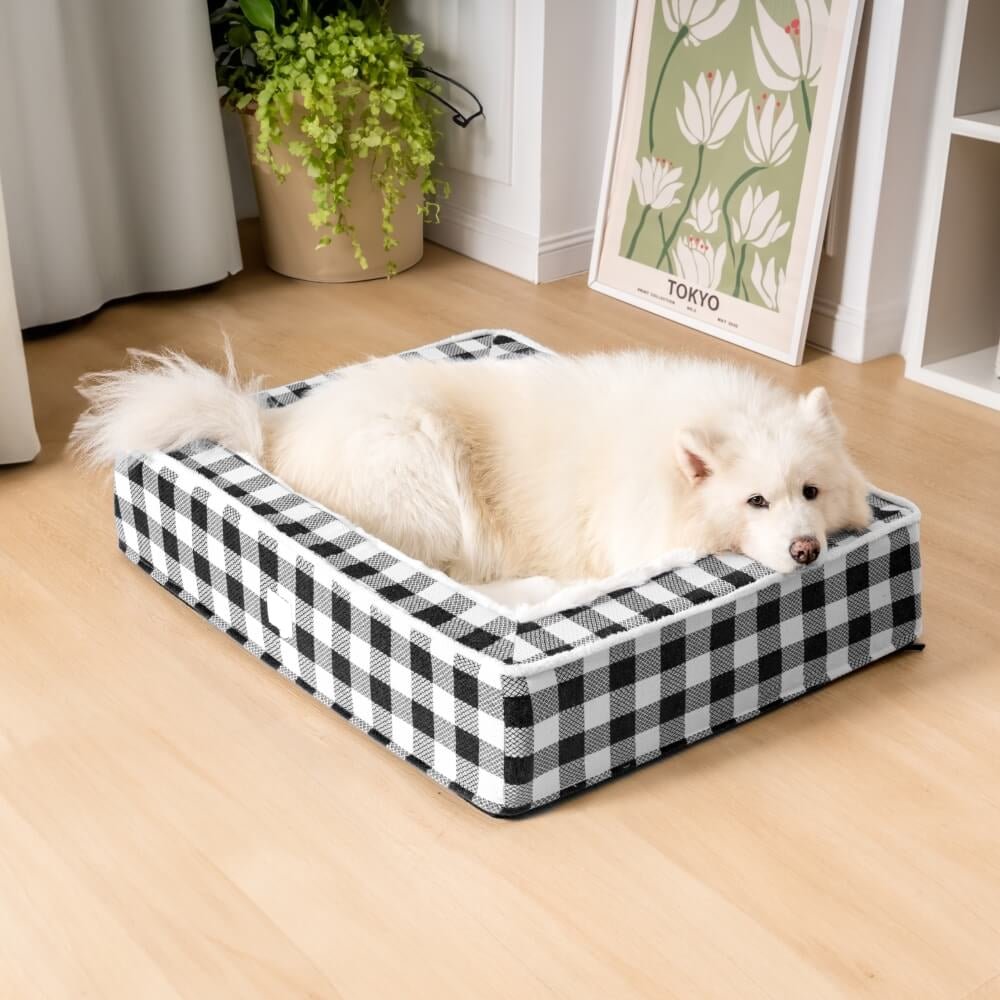 Calming Dog Bed – Festive Tartan Cozy Anti - Anxiety Washable Plush Nest with Foam Support - mafooouk