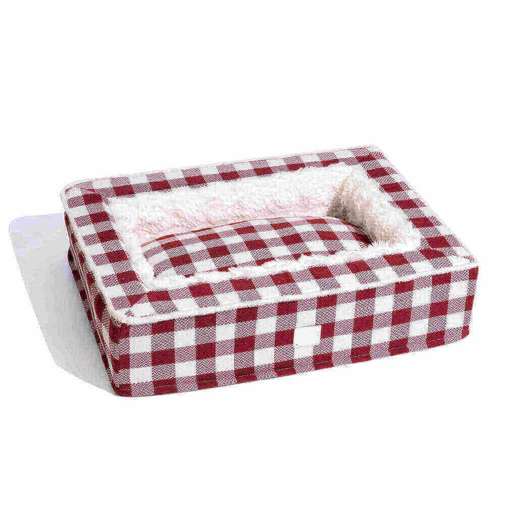Calming Dog Bed – Festive Tartan Cozy Anti - Anxiety Washable Plush Nest with Foam Support - mafooouk