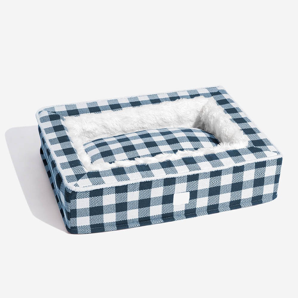 Calming Dog Bed – Festive Tartan Cozy Anti - Anxiety Washable Plush Nest with Foam Support - mafooouk