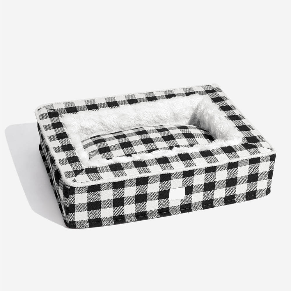Calming Dog Bed – Festive Tartan Cozy Anti - Anxiety Washable Plush Nest with Foam Support - mafooouk