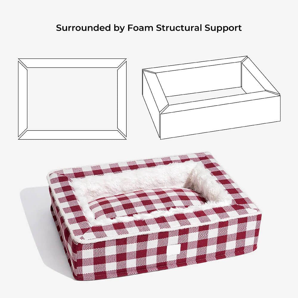 Calming Dog Bed – Festive Tartan Cozy Anti - Anxiety Washable Plush Nest with Foam Support - mafooouk