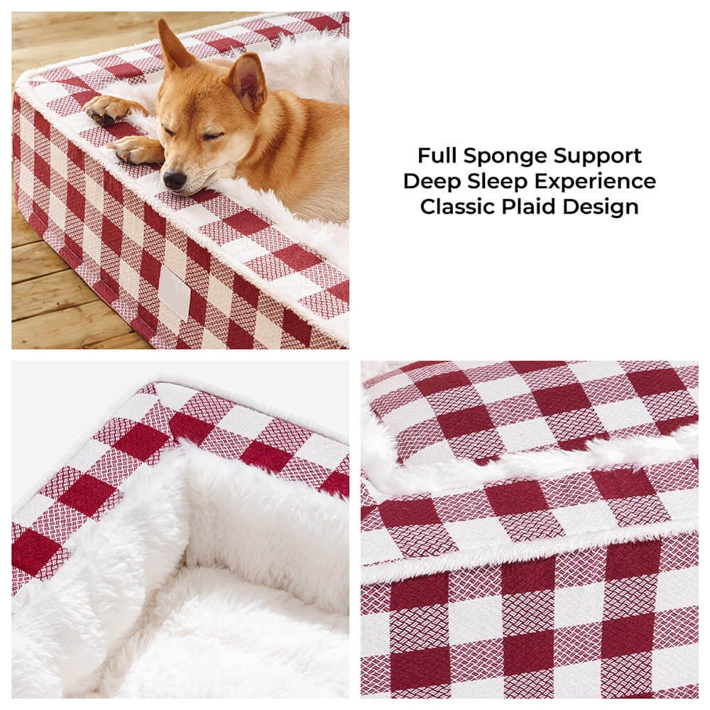 Calming Dog Bed – Festive Tartan Cozy Anti - Anxiety Washable Plush Nest with Foam Support - mafooouk