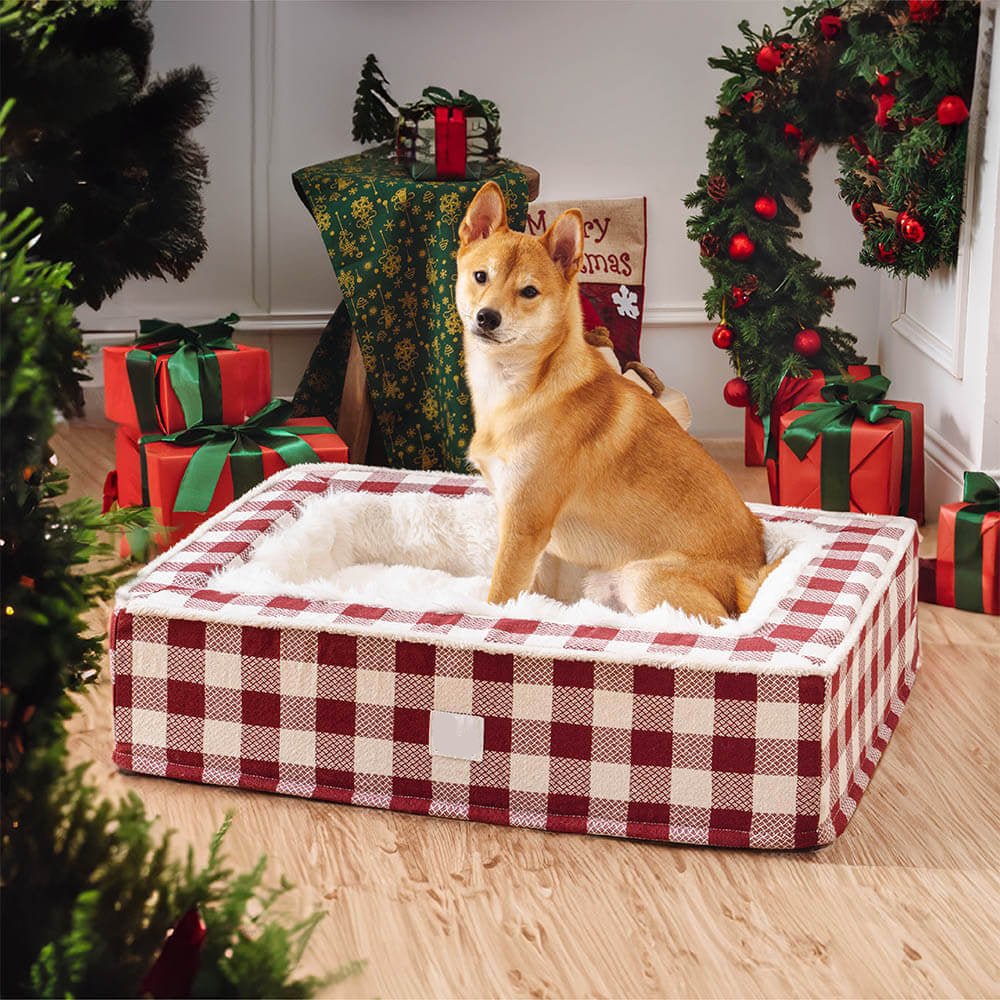 Calming Dog Bed – Festive Tartan Cozy Anti - Anxiety Washable Plush Nest with Foam Support - mafooouk