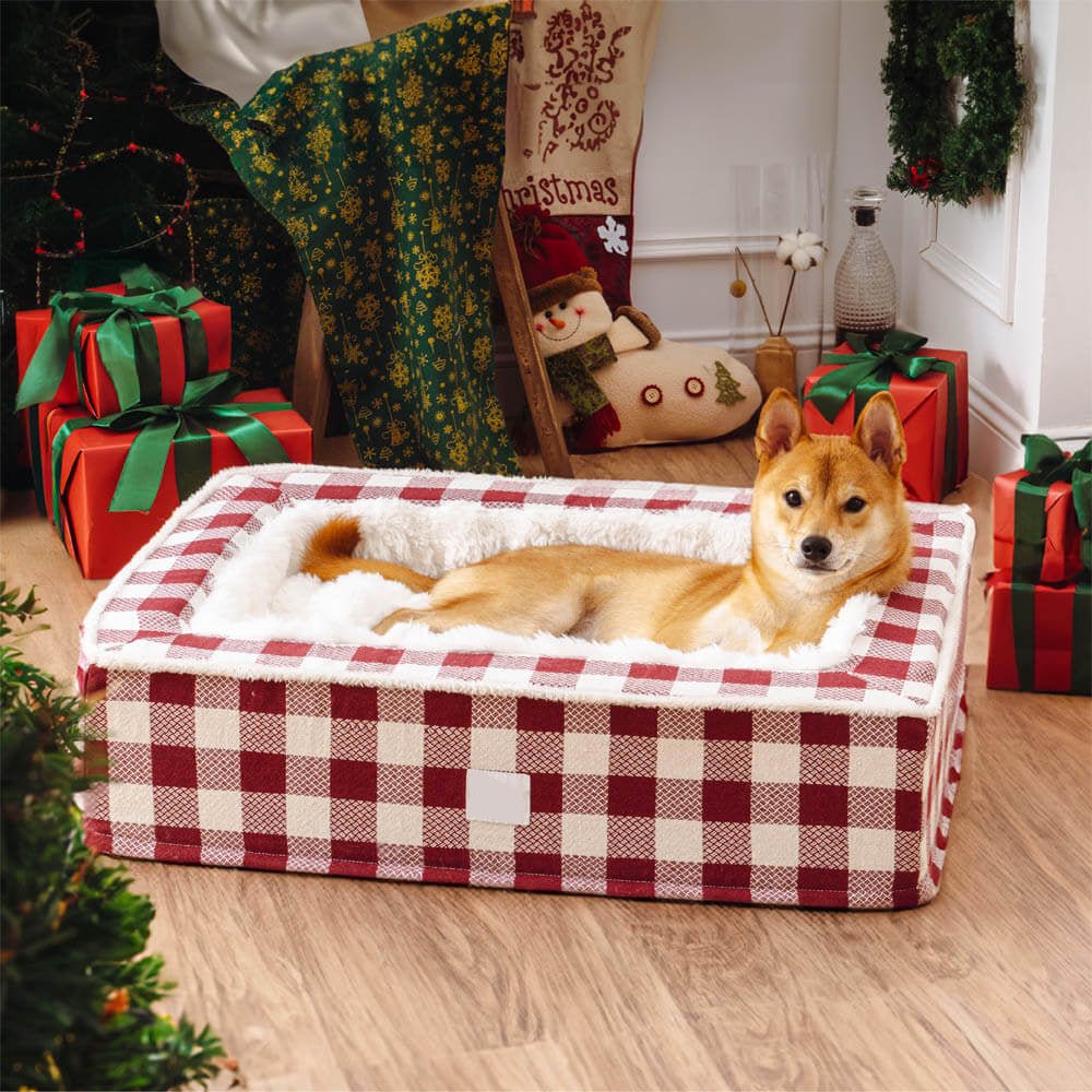 Calming Dog Bed – Festive Tartan Cozy Anti - Anxiety Washable Plush Nest with Foam Support - mafooouk