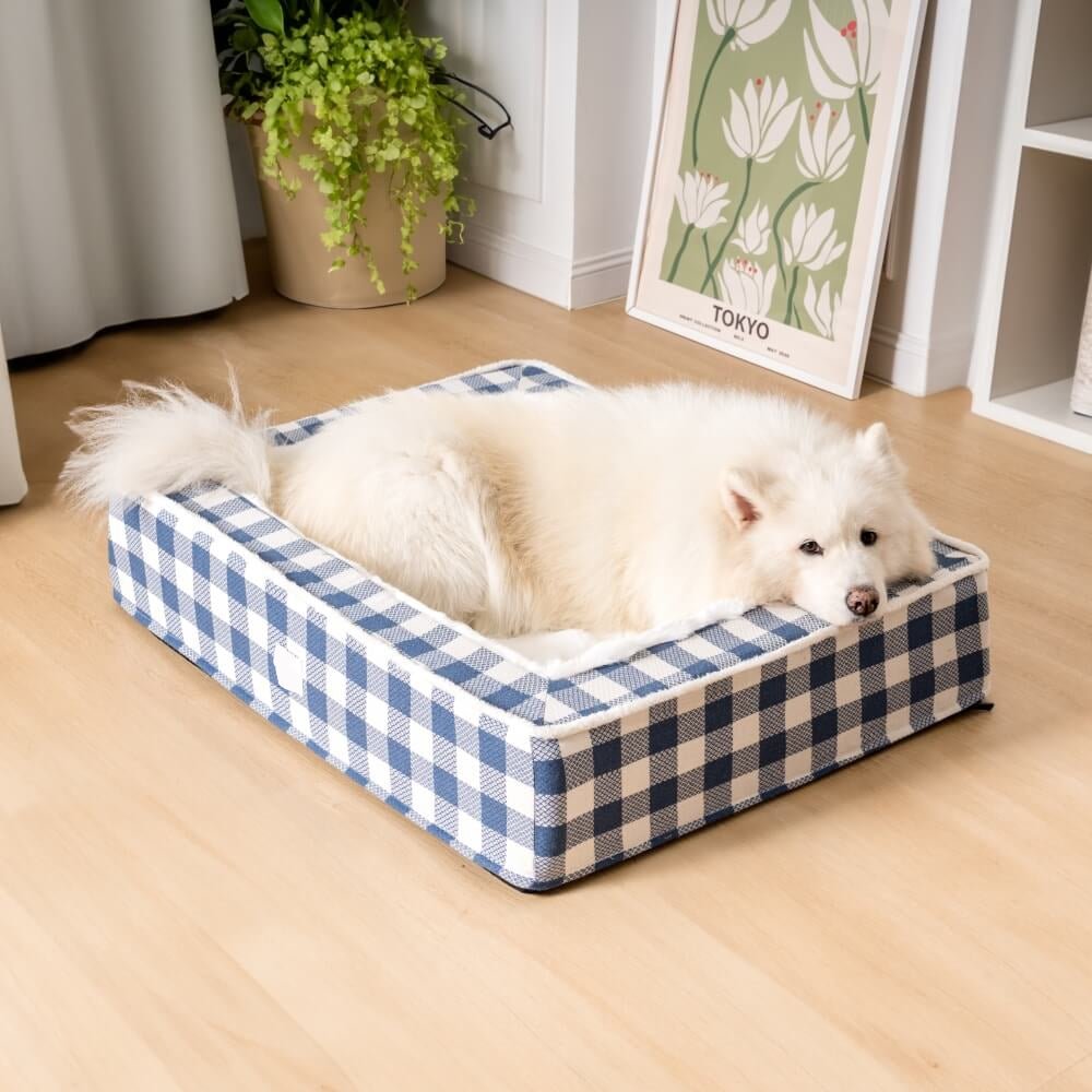 Calming Dog Bed – Festive Tartan Cozy Anti - Anxiety Washable Plush Nest with Foam Support - mafooouk