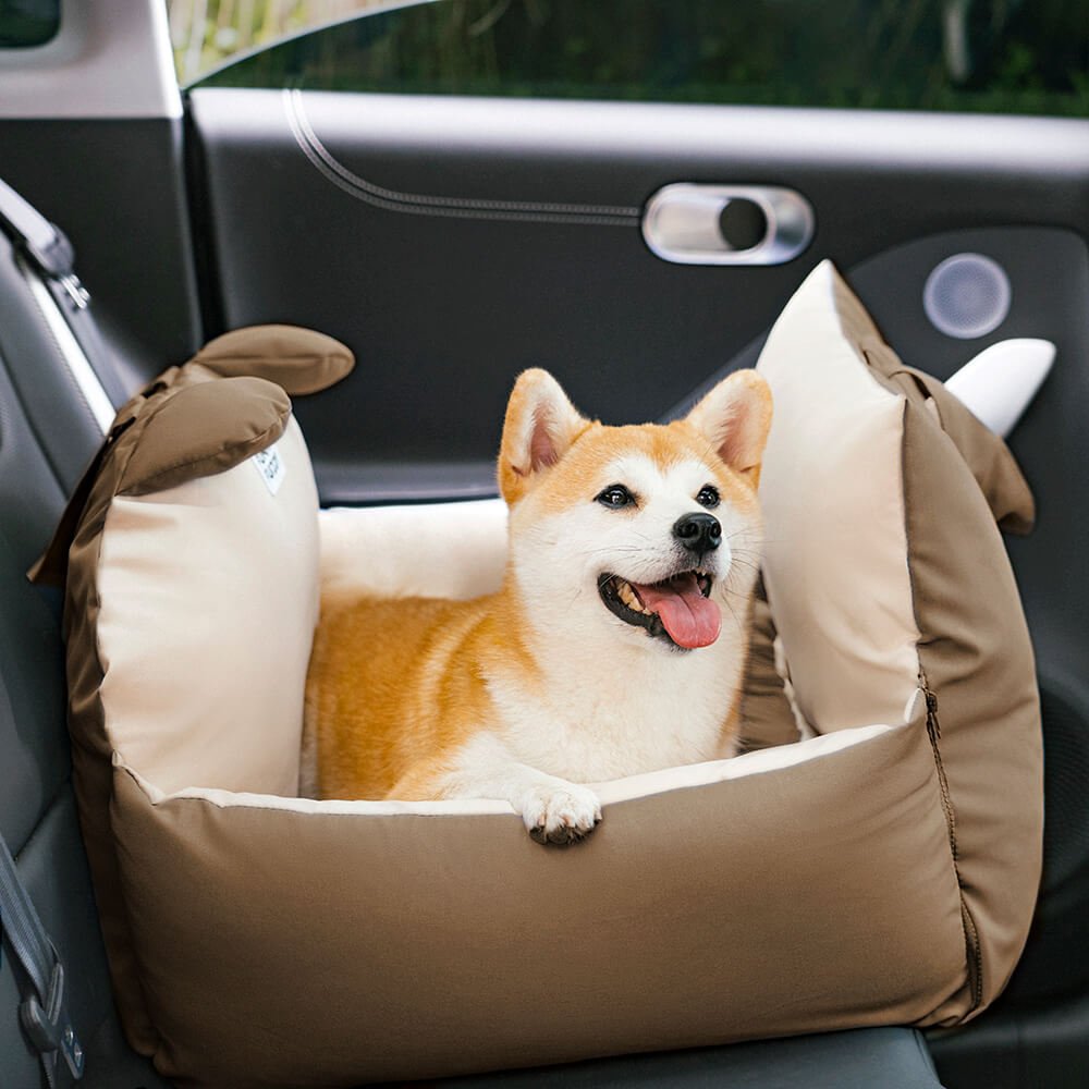 Dog Car Seat Bed – Bear Ears Safety Booster, Washable Plush Travel Seat for Small & Medium Dogs - mafooouk