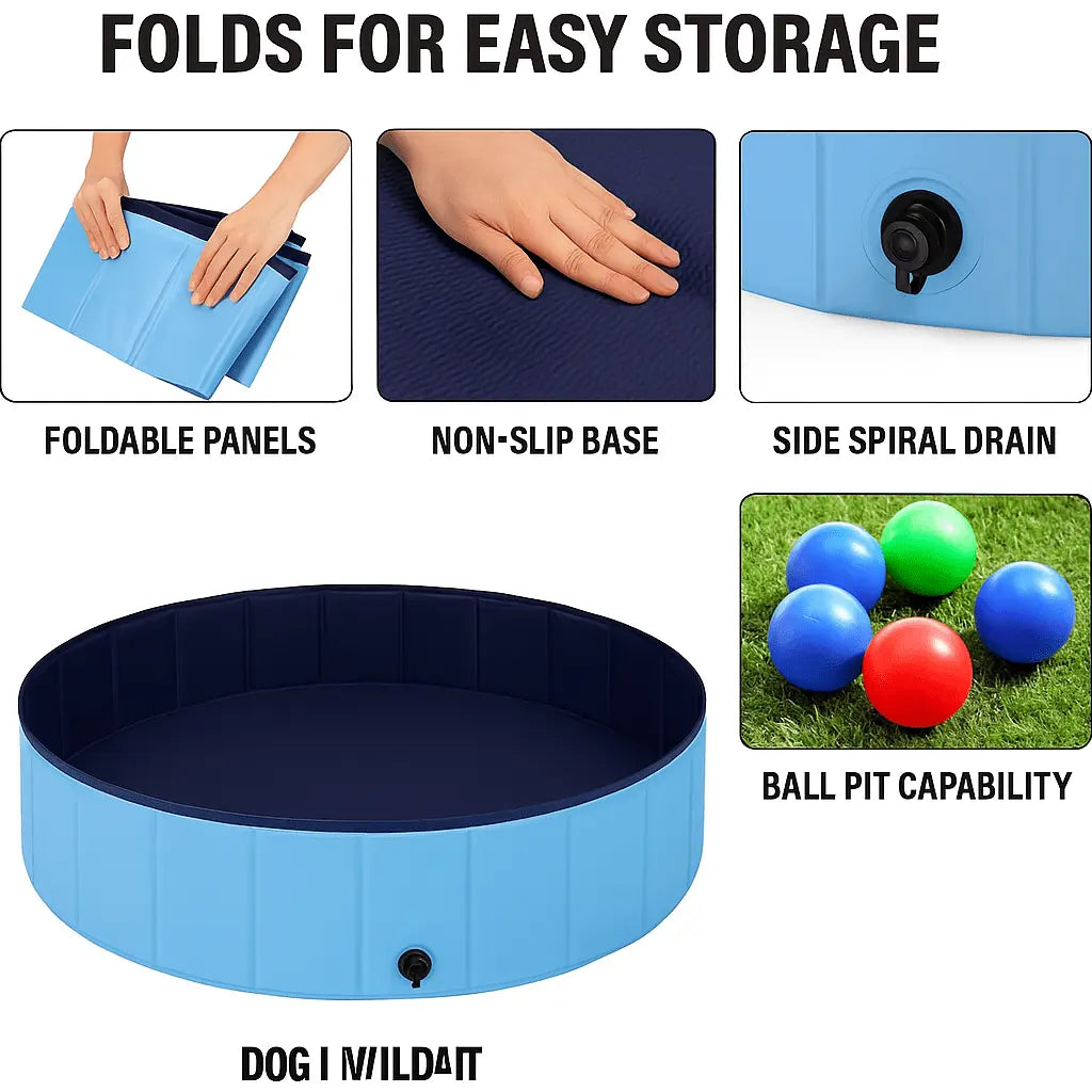 Dog Paddling Pool 80 cm – Foldable Hard - Side Non - Slip PVC Bath, Collapsible Kiddie Pool with Hose Drain, Portable Pet Wading Pool - mafooouk
