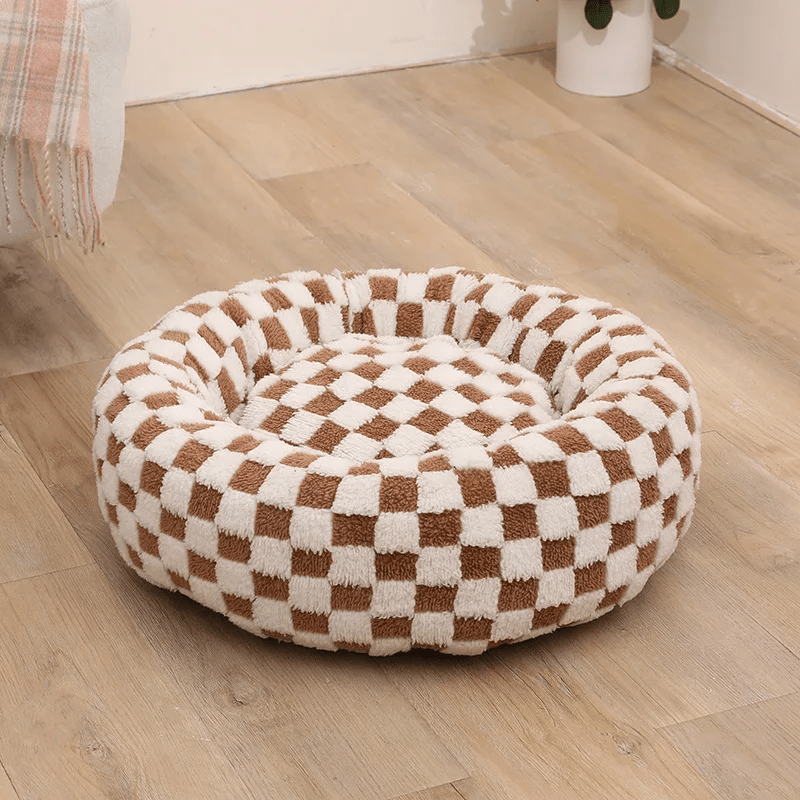 Donut Dog Bed – Calming Checker Plush Washable Cozy Nest for Small & Medium Dogs - mafooouk
