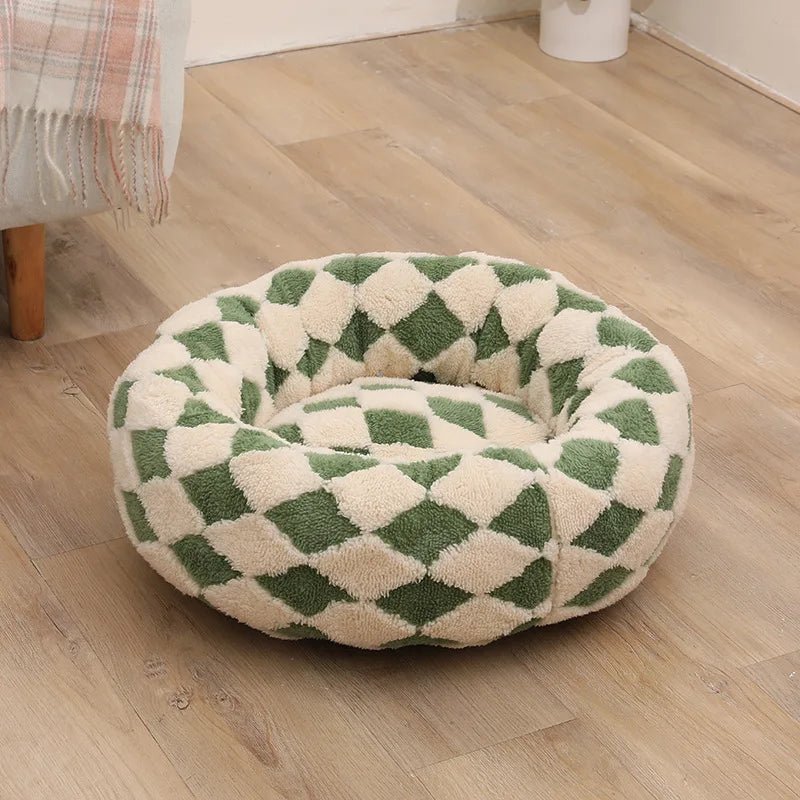Donut Dog Bed – Calming Checker Plush Washable Cozy Nest for Small & Medium Dogs - mafooouk