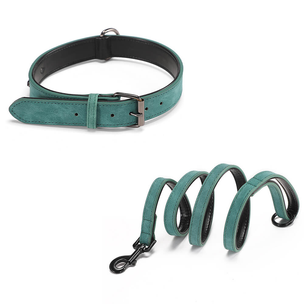 Faux Leather Dog Collar & Leash Set – Vintage, Soft - Neck, Adjustable - mafooouk