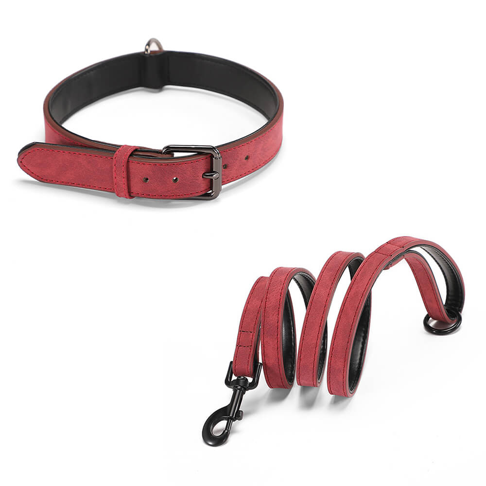 Faux Leather Dog Collar & Leash Set – Vintage, Soft - Neck, Adjustable - mafooouk