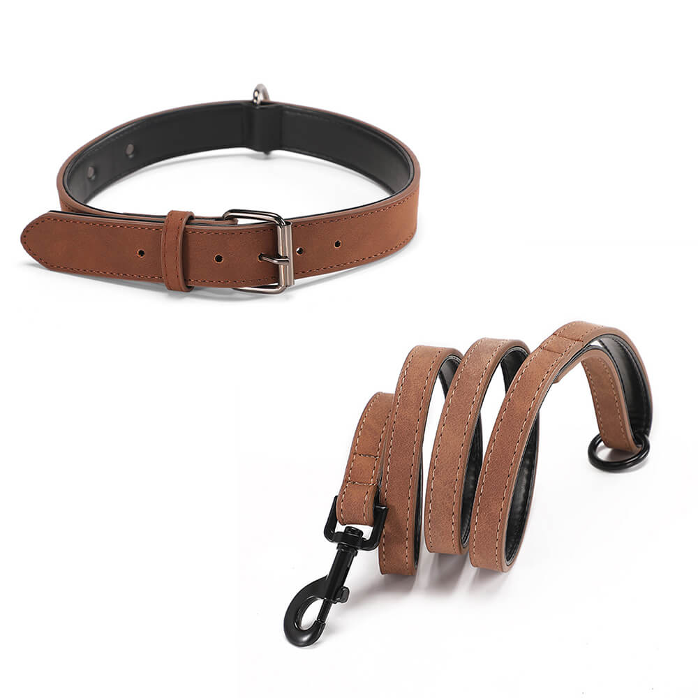 Faux Leather Dog Collar & Leash Set – Vintage, Soft - Neck, Adjustable - mafooouk
