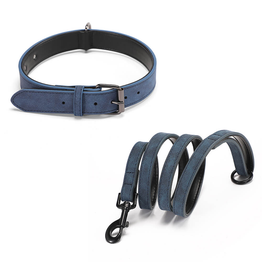 Faux Leather Dog Collar & Leash Set – Vintage, Soft - Neck, Adjustable - mafooouk