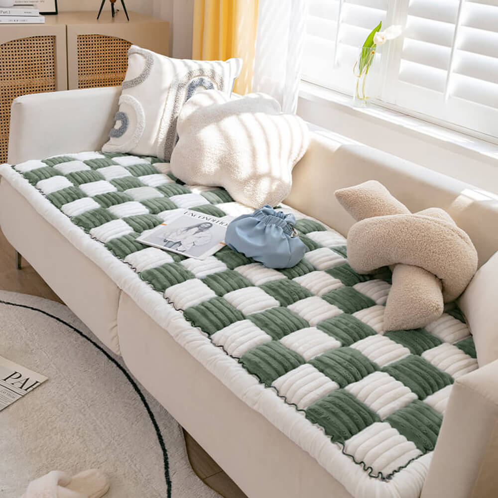 Dog Blanket for Couch – Cream Plaid Fuzzy Chenille Sofa Protector & Washable Pet Mat