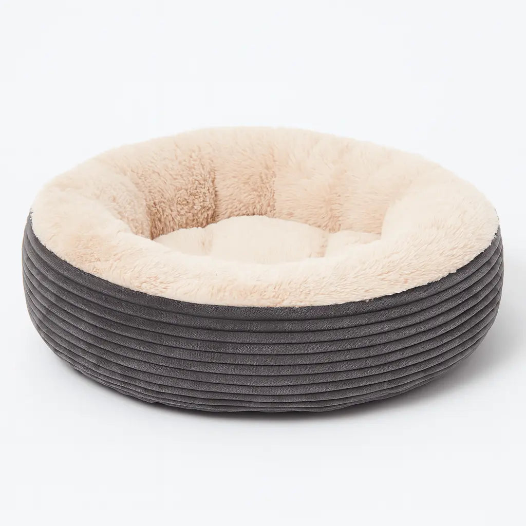 Large Plush Dog Bed – Machine‑Washable Grey & Cream Cord Nest with Raised Sides, Super‑Soft Calming Cushion for Big Breeds - mafooouk