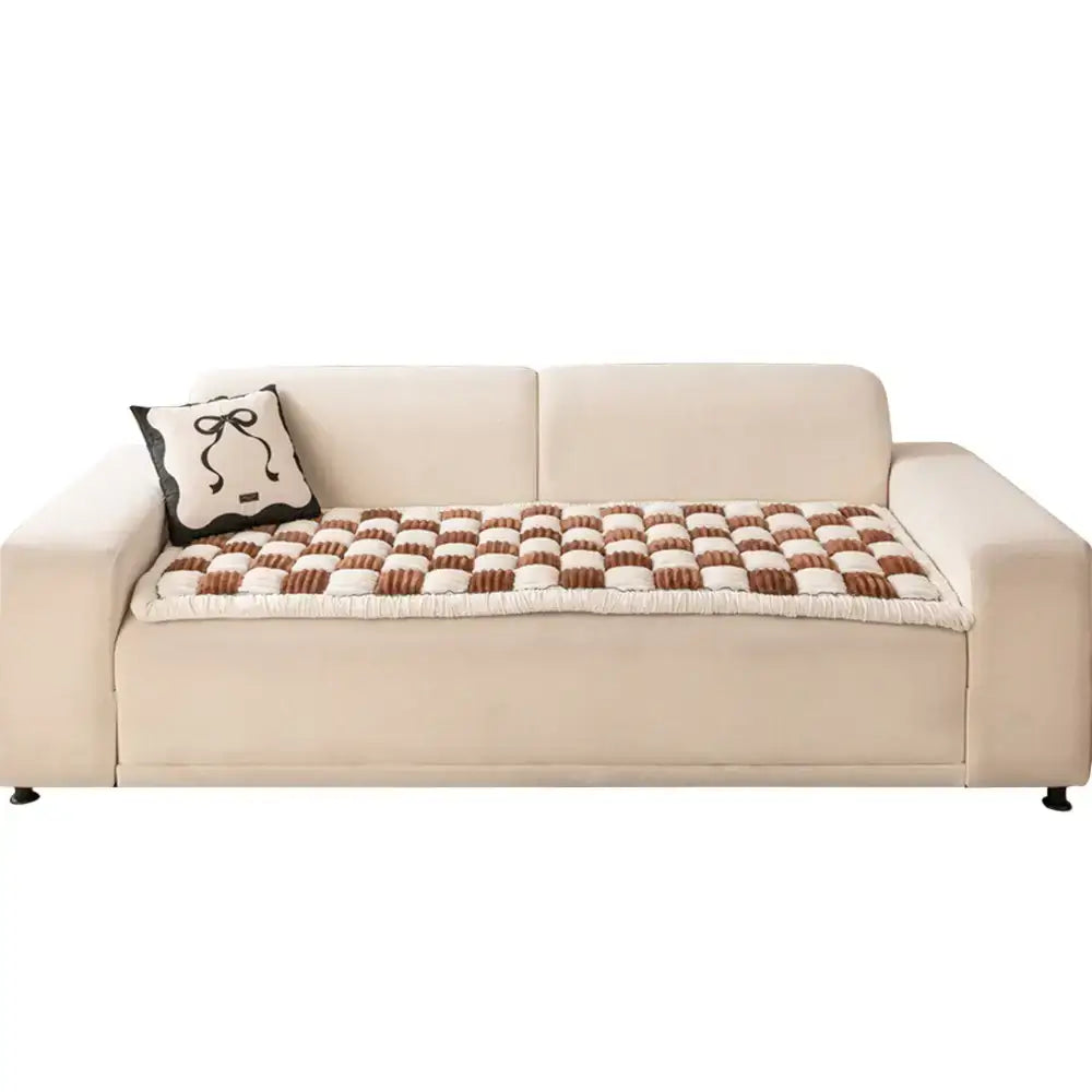 Dog Blanket for Couch – Cream Plaid Fuzzy Chenille Sofa Protector & Washable Pet Mat