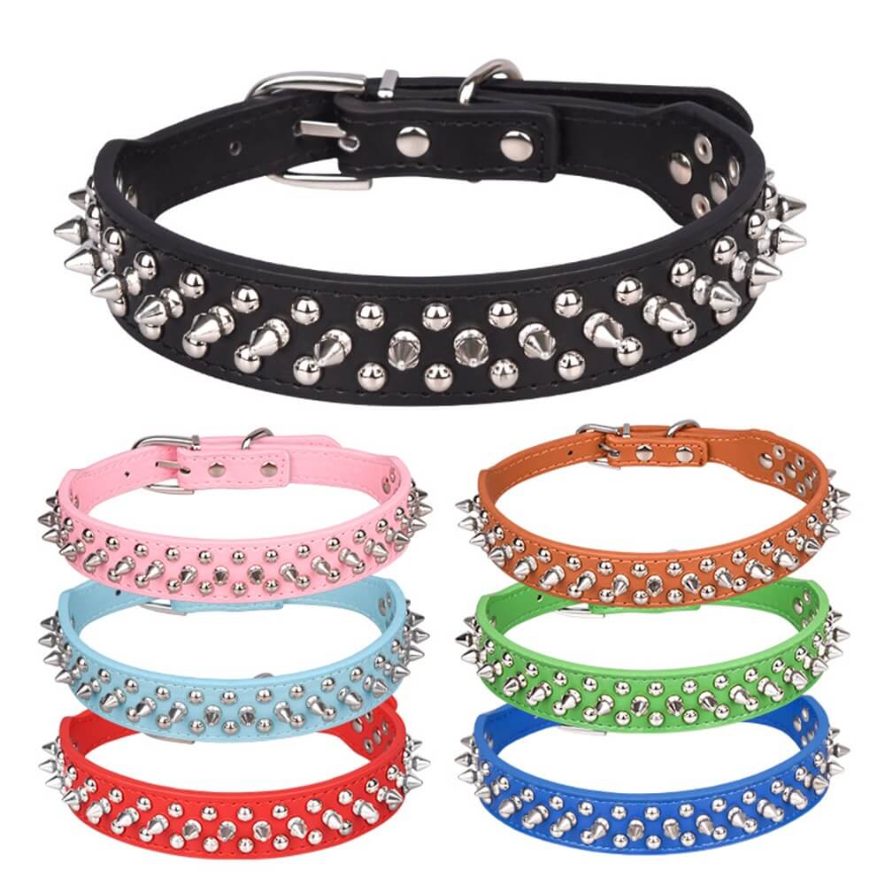 Studded Dog Collar & Leash – Multicolour, Adjustable PU, Padded - mafooouk