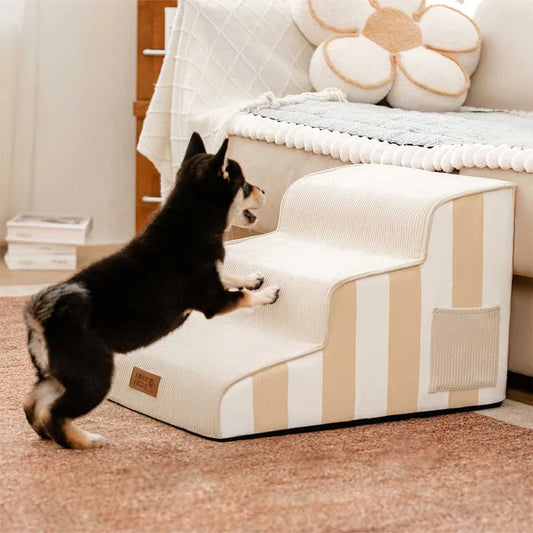 Dog Stairs for Bed & Sofa – SafeStep Striped Washable Pet Steps with Sponge Support & Anti-Slip Base