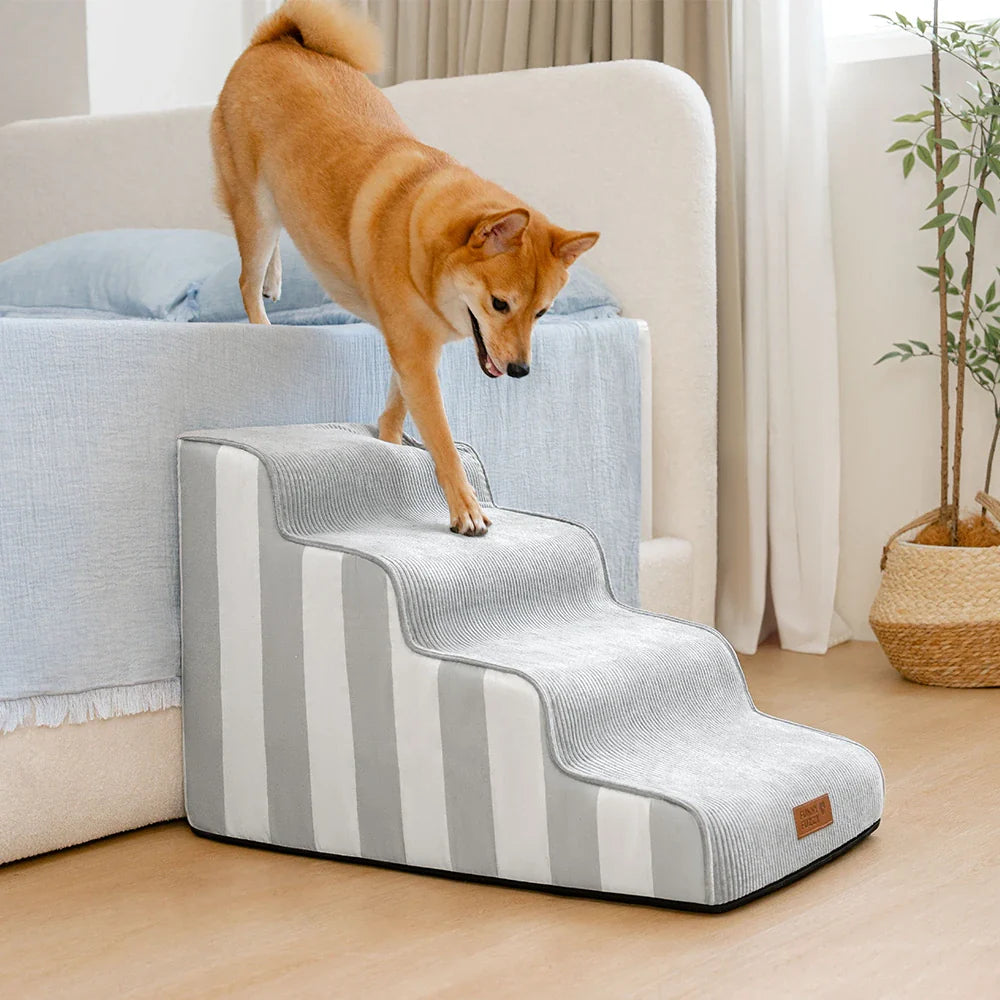 Dog Stairs for Bed & Sofa – SafeStep Striped Washable Pet Steps with Sponge Support & Anti-Slip Base