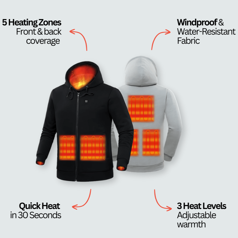 Heated Hoodie Zip Pro for Men – 5 Heat Zones, 3 Levels, 10h Battery